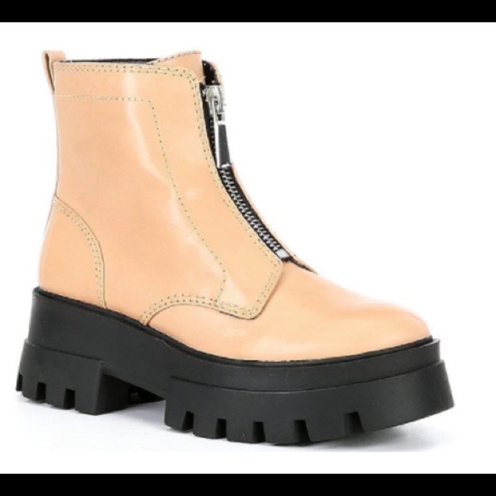 GB All-Star Leather Center Zip Chunky Lug Sole Platform Booties in Sand  Size 8